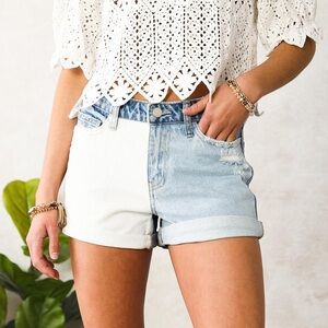 NWT Flying Monkey Buckle Fire For You Patch Work Two Tone High Rise Denim Shorts